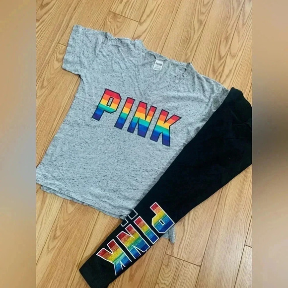 PINK VS RAINBOW TSHIRT / LEGGINGS OUTFIT  SMALL - Picture 2 of 11
